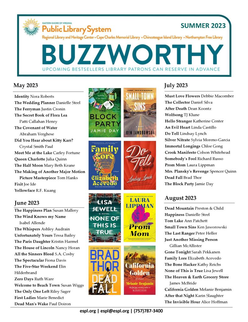 A list of selected upcoming bestsellers for the months of March through June 2023. Eignt book jacket cover images included. To request any of these items before their publication date, call (757)787-3400 or email espl@espl.org