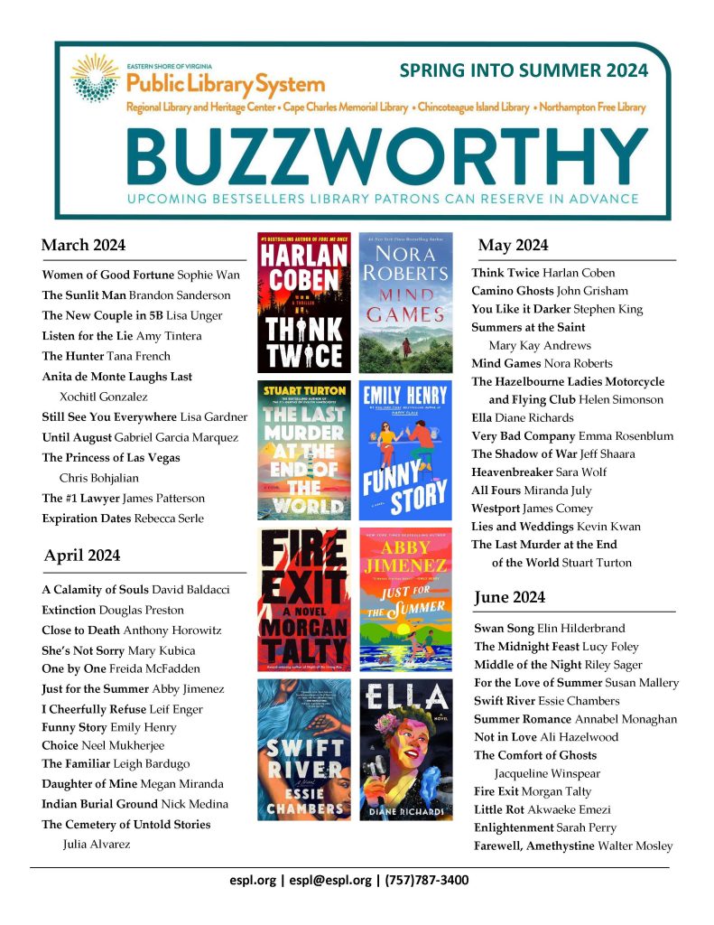 A list of titles and authors of upcoming bestsellers for the months of March through June 2024. A selection of eight book jacket cover images is included.