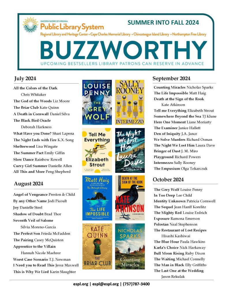 A list of selected upcoming bestsellers for the months of July through October 2024. Eight book jacket cover images included. To request any of these items before their publication date, call (757)787-3400 or email espl@espl.org