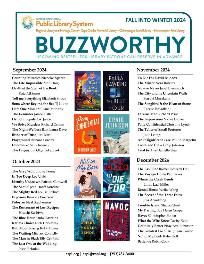 A list of upcoming bestsellers publishing during the months of September to December 2024. Eight cover images are included in a vertical column in the center of the page.