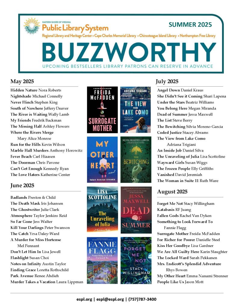 A list of books (title and author) that are to be released in May through August of 2025. Eight full color book cover images are included.